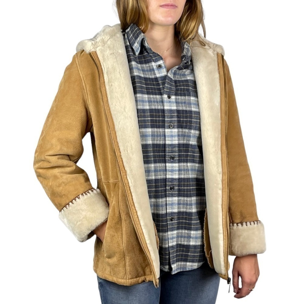 GALLERY SUEDE AND FAUX SHEARLING LINED ZIP UP HOODED WHIPSTITCH WINTER COAT
